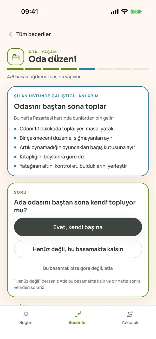 Oda düzeni becerisi: altı basamaktan dördü tamam