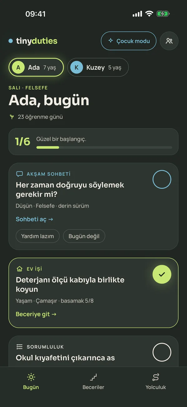 Bugün ekranı: Ada'nın akşam sohbeti, ev işi ve sorumluluk kartları